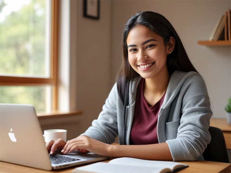 Freundlicher Student sitzt entspannt am Schreibtisch mit Laptop